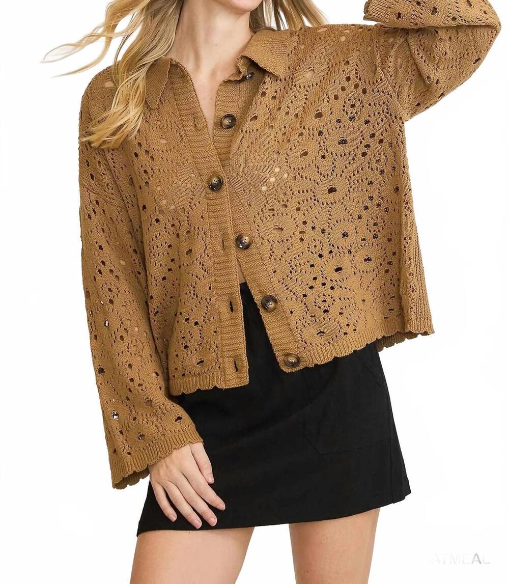 NEW UMGEE women's crochet knit cardigan in oatmeal
